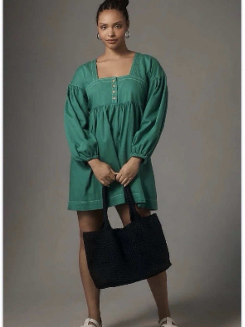 Anthropologie Green Square-Neck Babydoll Dress, Puff Sleeves Size 1x